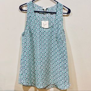 Joie Rain B Silk Print Top Navy Blue Teal Size L